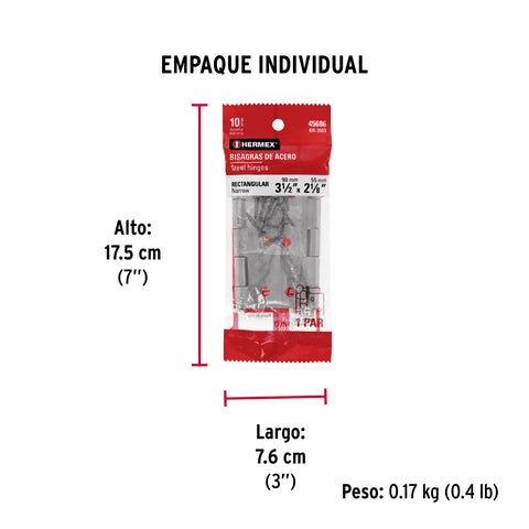 Bolsa con 2 bisagras rectangulares 3-1/2', acero pulido | BR-350B | 45686