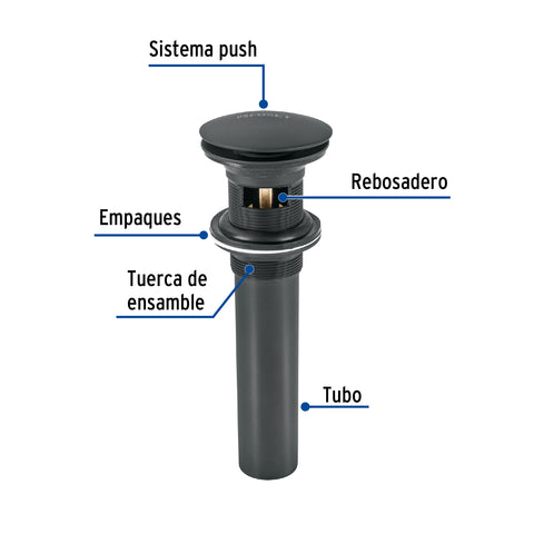 Contra p/lavabo, 1-1/4', con rebosadero, hongo, latón, negro | CE-226M | 45703