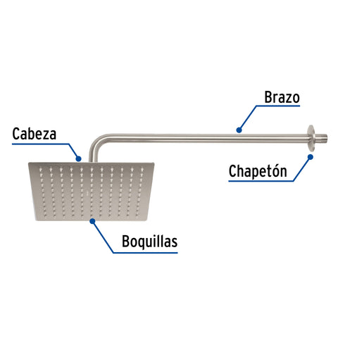 Regadera plato cuadrado 10' con brazo, satín, FOSET RIVIERA | R-310N | 45774