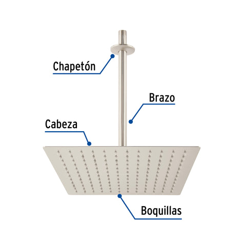 Regadera plato cuadrado 12' con brazo, satín, FOSET RIVIERA | R-312N | 45776