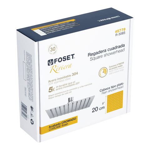 Regadera plato cuadrado 8' sin brazo, cromo, FOSET RIVIERA | R-308S | 45779