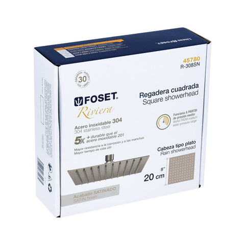 Regadera plato cuadrado 8' sin brazo, satín, FOSET RIVIERA | R-308SN | 45780