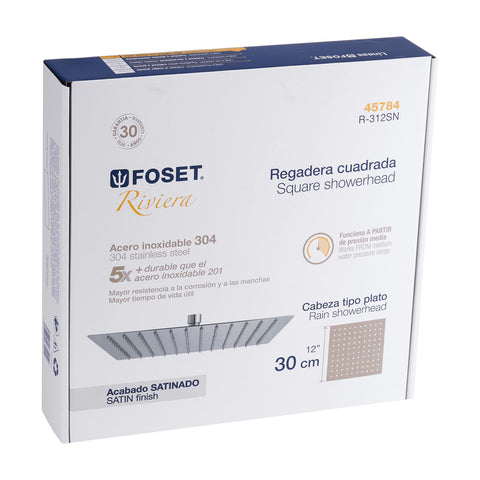 Regadera plato cuadrado 12' sin brazo, satín, FOSET RIVIERA | R-312SN | 45784