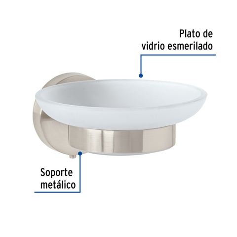 Jabonera metálica satín con plato de vidrio, FOSET TÚBIG | TBA-74N | 45965