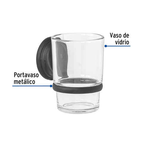 Portavaso cepillero negro con vaso de vidrio, FOSET AQUA | AQA-81M | 45979