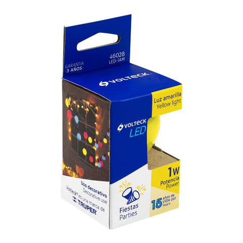 Lámpara LED tipo bulbo G45 1 W color amarillo, caja, Volteck | LED-1AM | 46028