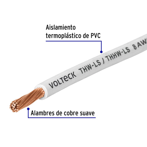 Rollo de 100 m de cable THHW-LS 8 AWG blanco, Volteck | CAB-8B | 46054