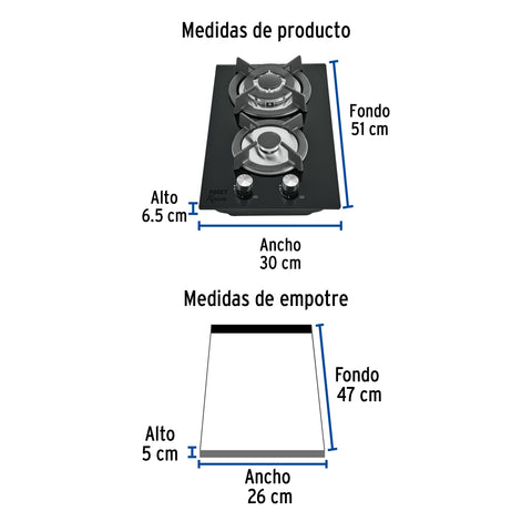 Parrilla gas empotrable 30cm, 2 quem, vidrio negro, RIVIERA | PAE-302GV | 46249