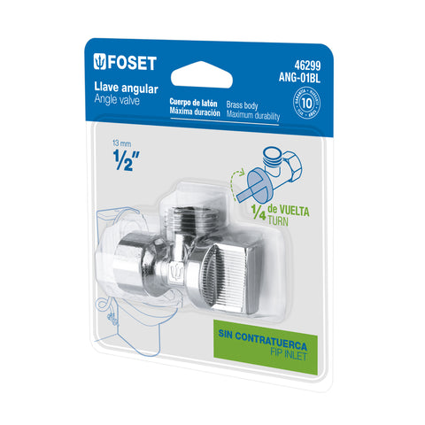 Llave angular 1/2', 1/4 de vuelta, roscable, blíster, FOSET | ANG-01BL | 46299