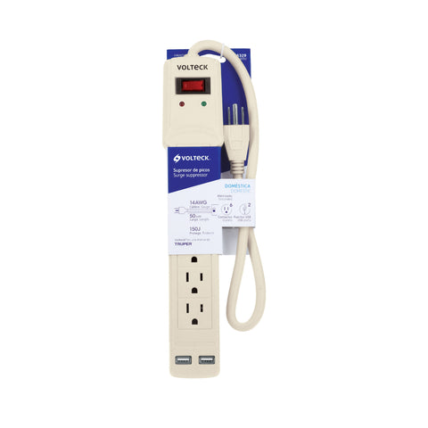 Multicontacto 14 AWG 6 entradas 2 ptos. USB sup. 150J marfil | MUL-615U | 46329