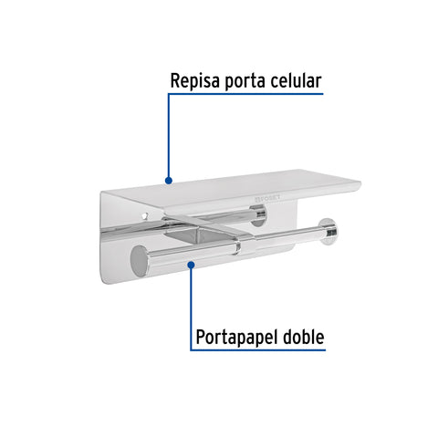 Portarrollo doble en cromo con soporte para celular, RIVIERA | RIA-85 | 46356