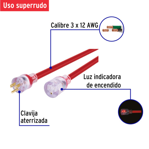 Extensión reforzada aterrizada 6 m 3x12 AWG, Volteck | ERA-6X12 | 46553
