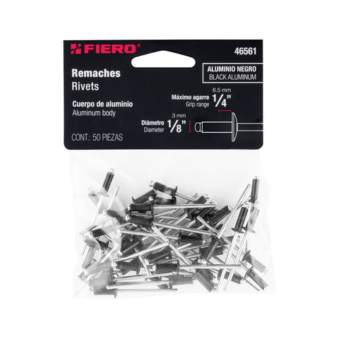Bolsa c/50 remaches 1/8'x1/4' negros de aluminio, ala 1/4' | R-44BN | 46561