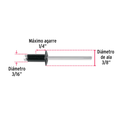Bolsa c/50 remaches 3/16'x1/4' negros de aluminio, ala 3/8' | R-64BN | 46568