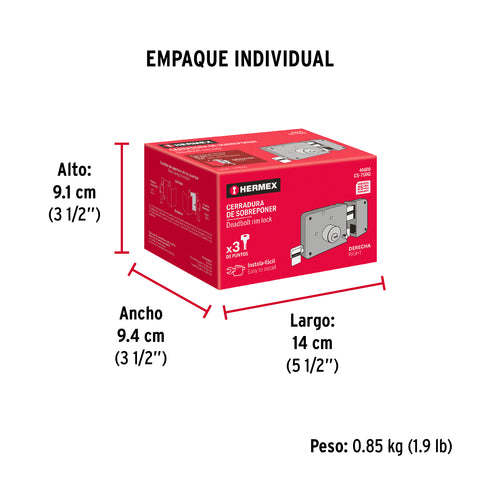 Cerradura sobreponer der instalafácil,llave puntos, caja | CS-75DQ | 46600