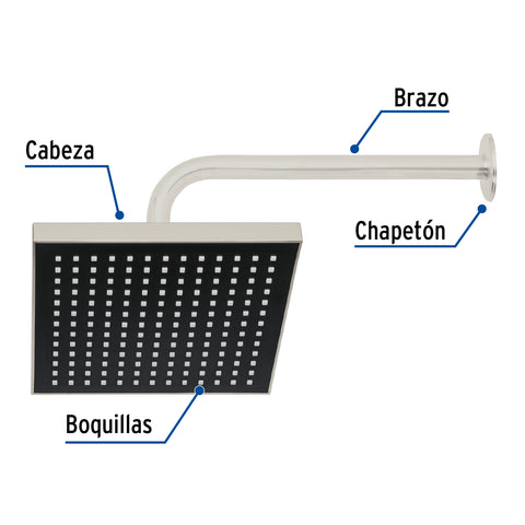 Regadera cuadrada 8', ABS, con brazo y chapetón, satín, AQUA | R-405N | 46742