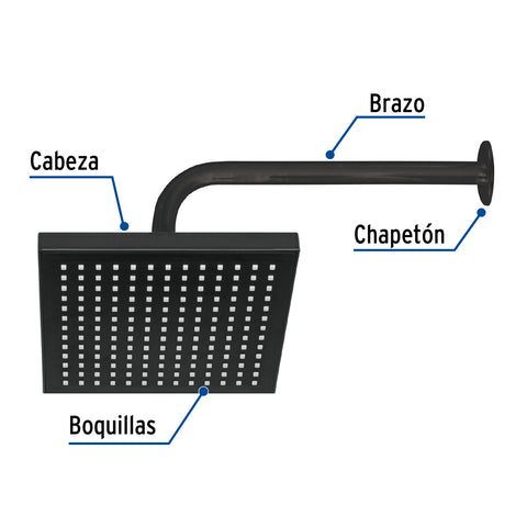 Regadera cuadrada 8', ABS, con brazo y chapetón, negro, AQUA | R-405M | 46748