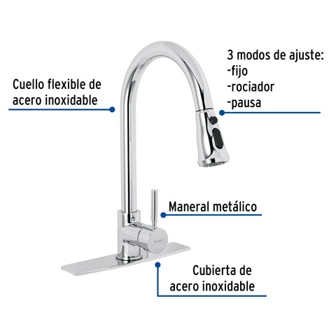 Monomando para fregadero, cuello extraible, cromo, TÚBIG | TBF-84 | 46768