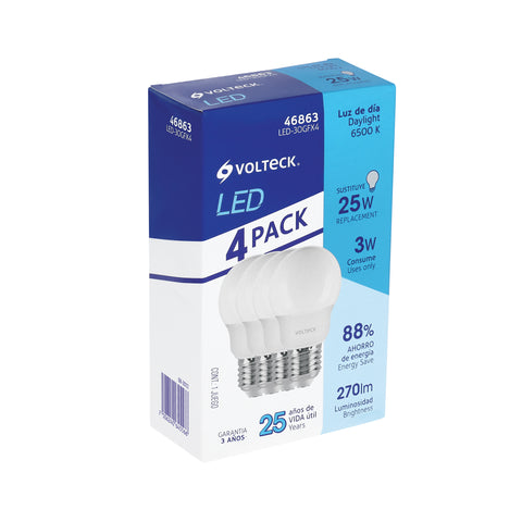 Pack de 4 lámparas LED G45 3 W (equiv. 25 W), luz de día | LED-30GFX4 | 46863