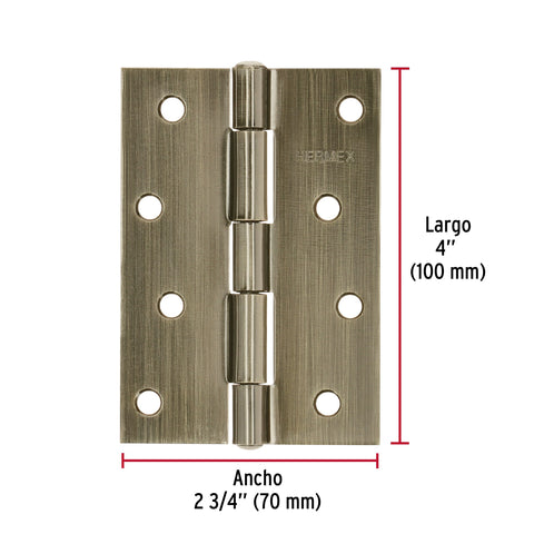 Bisagra rectangular 4' latón antiguo, HERMEX | BR-402 | 46915
