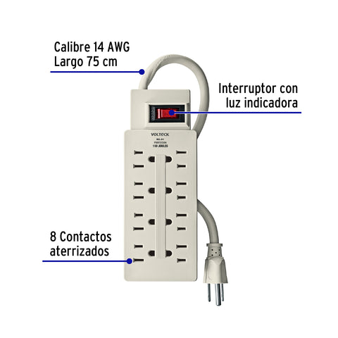 Multicontacto 14 AWG 8 entradas supresor de picos 110 joules | MUL-811 | 47187