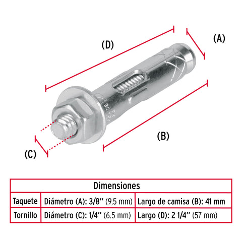 Caja con 100 taquetes expansivos de 1/4' con tornillo, FIERO | TAE-1/4TG | 47223