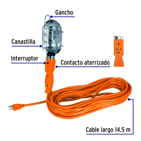 Lámpara de taller con canastilla metálica 14.5 m, Volteck | LAT-15M | 47261