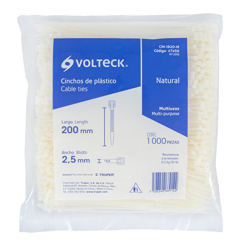Bolsa con 1000 cinchos plásticos 18lb, 200x2.5 mm, naturales | CIN-1820-M | 47459