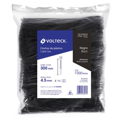 Bolsa con 1000 cinchos plásticos 50 lb, 300x4.5 mm, negros | CIN-5030N-M | 47472