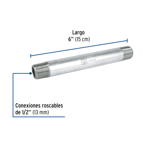 Niple de acero galvanizado 1/2' x 6', FOSET | CG-404 | 47519
