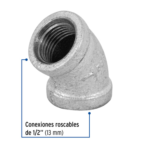 Codo 45° acero galvanizado de 1/2', FOSET | CG-861 | 47539