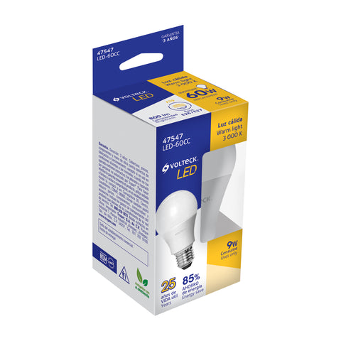 Lámpara LED A19 9 W (equiv. 60 W), luz cálida, caja, Volteck | LED-60CC | 47547