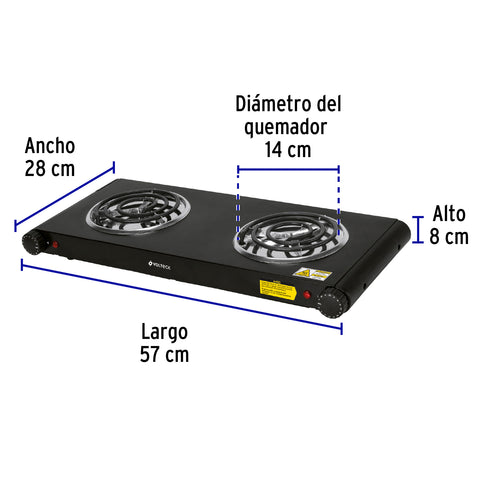 Parrilla eléctrica 2 quemadores en espiral, negra, VOLTECK | PAEL-2CN | 47555