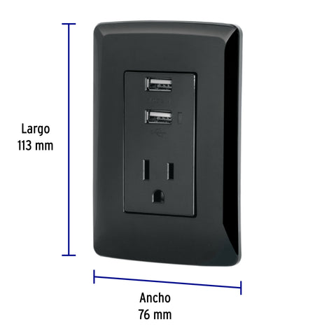 Contacto aterrizado + 2 puertos USB, negro, línea Italiana | COUSB-IN | 47590