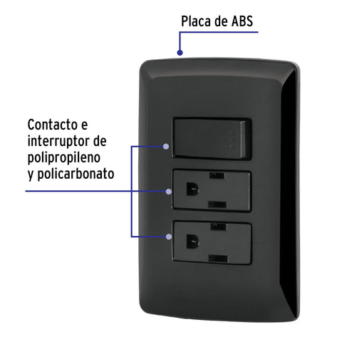 Placa armada 2 contactos e interruptor,negro, línea Italiana | PA-APCO-I3N | 47593