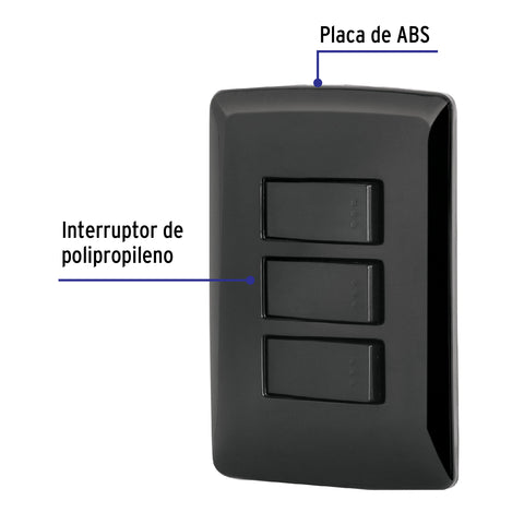 Placa armada 3 interruptores sencillos,negro, línea Italiana | PA-APTR-IN | 47595