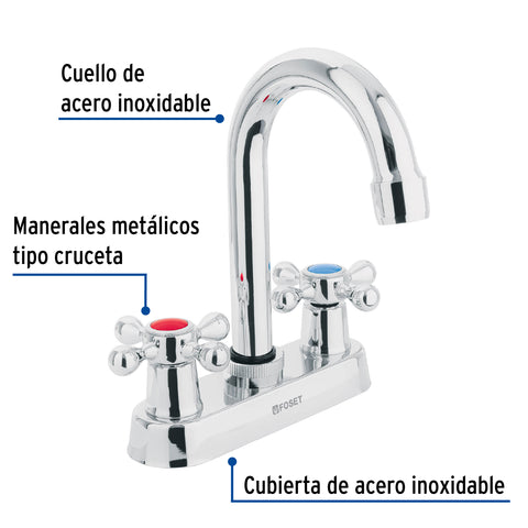 Mezcladora 4' para lavabo, cuello bar, manerales cruceta | M-060E | 47682