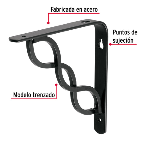 Ménsula reforzada negra 6 x 6', diseño trenza, FIERO | MED-6NT | 47700