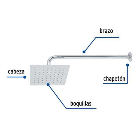Regadera cuadrada 8', acero inox, con brazo, cromo, TÚBIG | R-415 | 47738