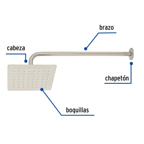 Regadera cuadrada 8', acero inox, con brazo, satín, TÚBIG | R-415N | 47744