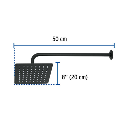 Regadera cuadrada 8', acero inox, con brazo, negro, TÚBIG | R-415M | 47750