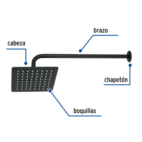 Regadera cuadrada 8', acero inox, con brazo, negro, TÚBIG | R-415M | 47750