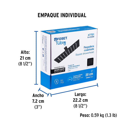 Regadera cuadrada 8', acero inox, sin brazo, negro, TÚBIG | R-415SM | 47751