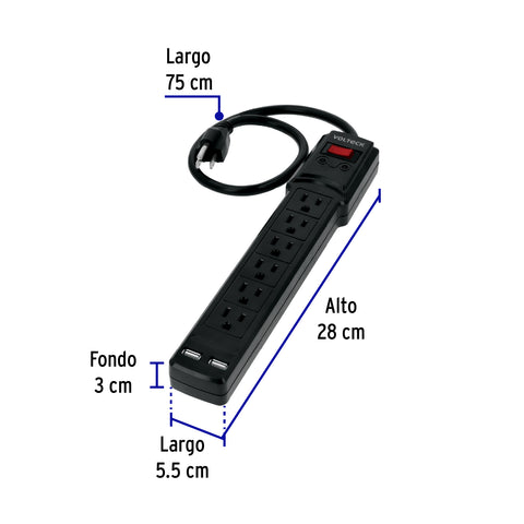 Multicontacto 14 AWG 6 ent., sup. de picos 450 joules, negro | MUL-645N | 47804
