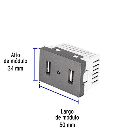 Toma 2 puertos USB acero inox de 1.5 módulos, línea Lisboa | C2USB-LA | 47829