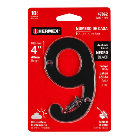 Número 9 de latón sólido 4', negro, HERMEX | NUCH-9N | 47862
