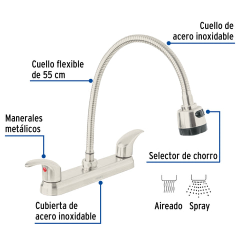 Mezcladora 8' p/fregadero, flexible, palanca, satín, AQUA | AQF-88N | 47916