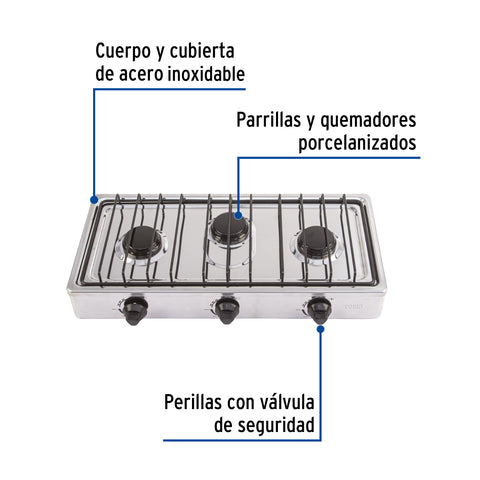Parrilla de gas de sobreponer 3 quemadores, inox, FOSET | PAGA-3X | 47920
