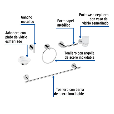 Juego de 6 accesorios para baño acabado cromo, FOSET TÚBIG | TBA-7000 | 47973