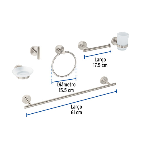 Juego de 6 accesorios para baño acabado satín, FOSET TÚBIG | TBA-7000N | 47974